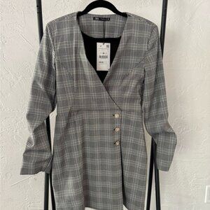 Zara Gray Plaid One Shoulder Dress